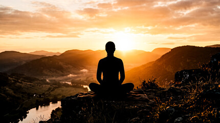 Obraz premium Dark silhouette female person sitting lotus pose high mountain peak overlooking foggy river valley during bright orange sunset