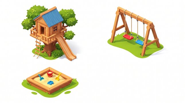 Backyard playground equipment set. Treehouse, swing set, and sandbox for kids play area.
