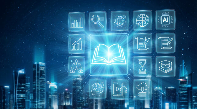 Digital library and online education concept, glowing book icon with futuristic learning symbols, smart city background with blue technology interface