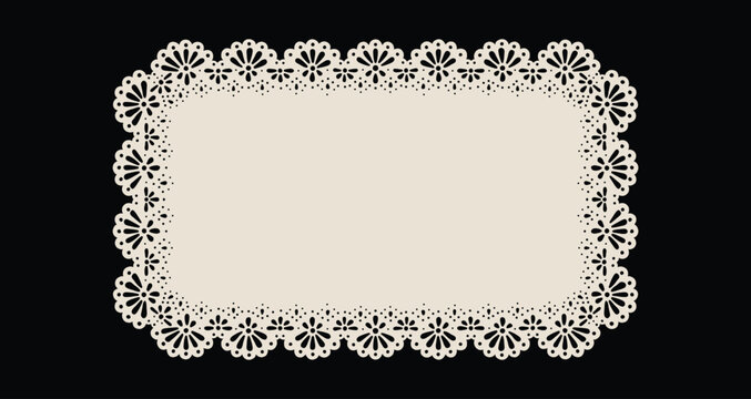 Hand drawn vintage rectangular lace doily frame with delicate openwork edges. Blank romantic template for elegant wedding invitations. Premium vector graphic border for aesthetic cottagecore print.