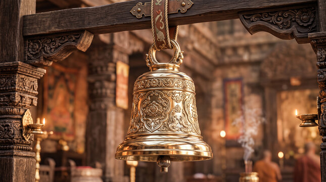 Detailed ornate golden brass bell hanging from carved wooden beam inside traditional ancient temple courtyard with burning incense smoke background