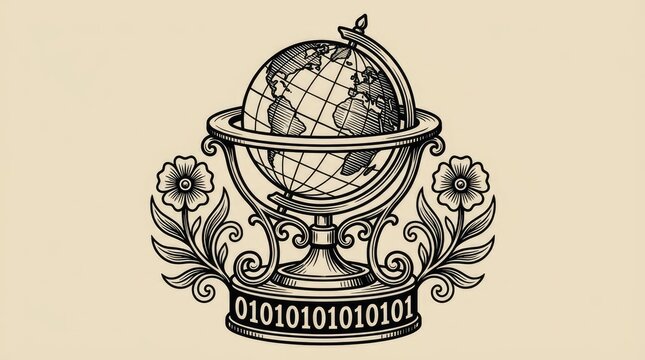 Vintage globe engraving with binary code and floral accents.