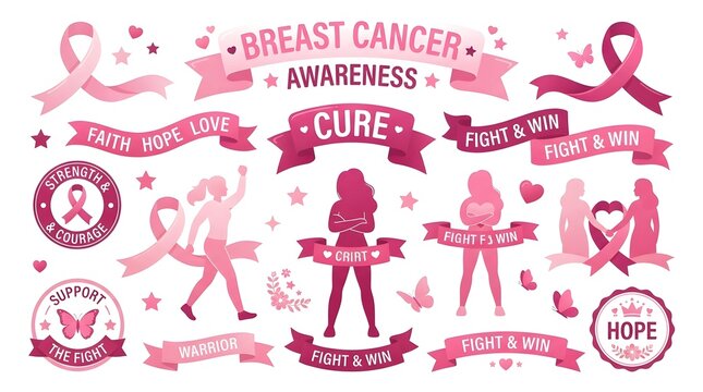 Collection of hand drawn pink ribbon elements and inspirational typography for breast cancer awareness month featuring supportive illustrations and encouraging messages for health and wellness