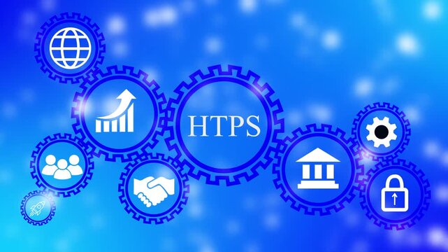HTPS Concept with Interconnected Gears and Business Icons on Blue Gradient Background https security