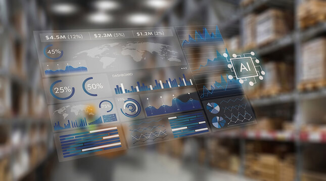 Smart warehouse management system with AI data dashboard, digital supply chain logistics interface, automated inventory tracking analytics