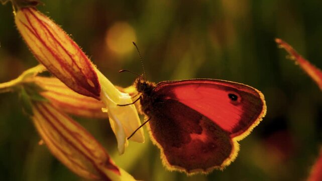 An extreme macro telephoto close-up capturing a gatekeeper butterfly resting on a wildflower bud in warm sunset light.