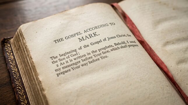 Open old Bible with text of the Gospel of Mark. Antique religious book page on wooden table. Scripture reading and Christian study symbol. Spiritual faith and historical theology.