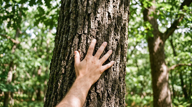 Close up perspective capturing human hand gently touching rough textured natural brown tree bark standing outside within beautiful vibrant green summer forest environment