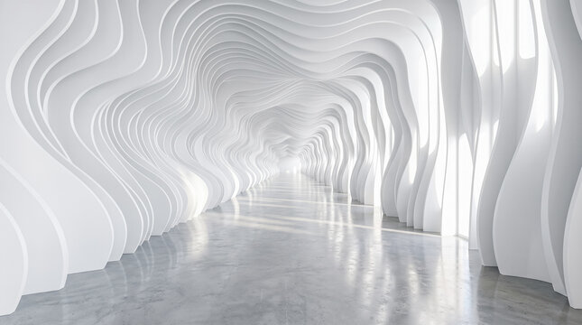 Abstract wavy white architectural corridor featuring smooth organic parametric walls leading through empty interior building space highlighting modern contemporary structural design