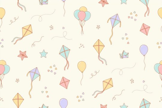 Seamless pattern featuring colorful kites, balloons, and stars on a light cream background, hand-drawn style for kids
