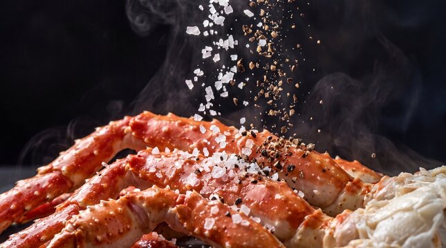 King crab legs are seasoned with coarse salt and cracked black pepper while hot steam rises against a dark background.