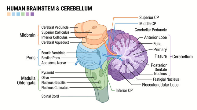 Anatomical Diagram of the Human Brainstem and Cerebellum Structures Featuring Detailed Labels of Medulla Pons and Midbrain Sections