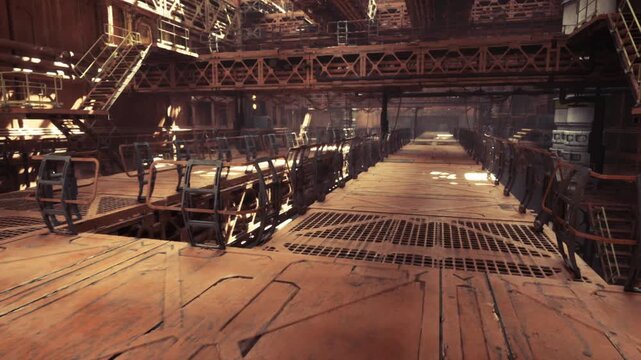 sunlit maintenance walkway showing grated flooring and side railings, warm orange glow, heavy support beams, catwalk junctions, industrial piping, textured