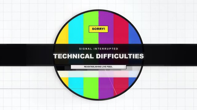 Vibrant technical difficulties screen with colorful signal interruption, animated loading bar, retro TV aesthetic, symbolizing connectivity issues and troubleshooting