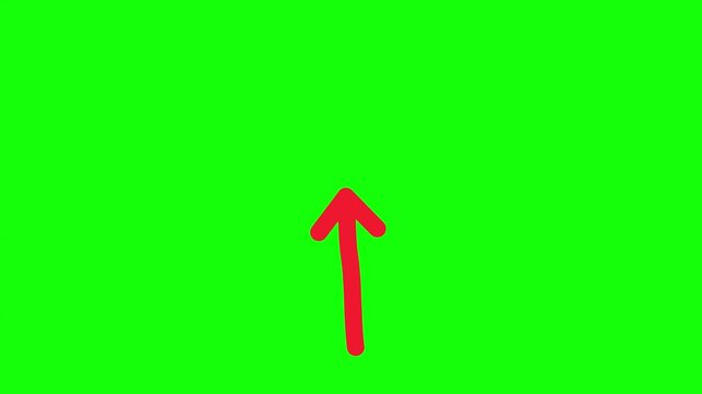 Three red arrows pointing upwards isolated against a vibrant solid green chroma key background