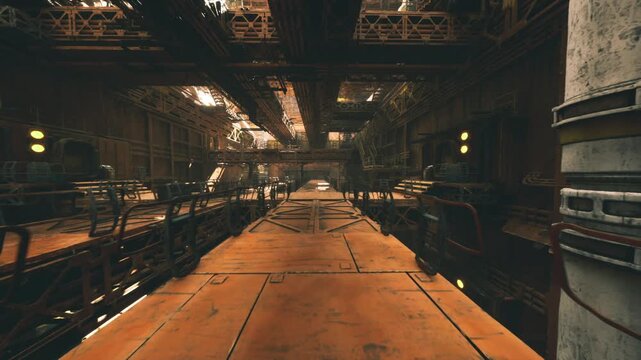 Empty cargo platform stretching toward distant light, conveyor elements and storage zones frame industrial logistics scene, gritty texture and moody depth