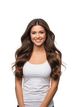 Smiling woman with long wavy hair