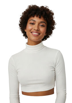 Smiling woman wearing a white cropped top and belt