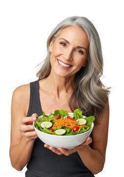 Smiling woman holding healthy salad bowl