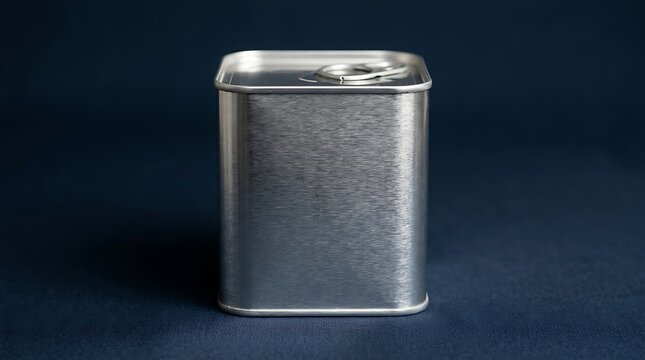 A Square Silver Metal Canister With A Tab Lid Sitting On A Dark Blue Textured Surface