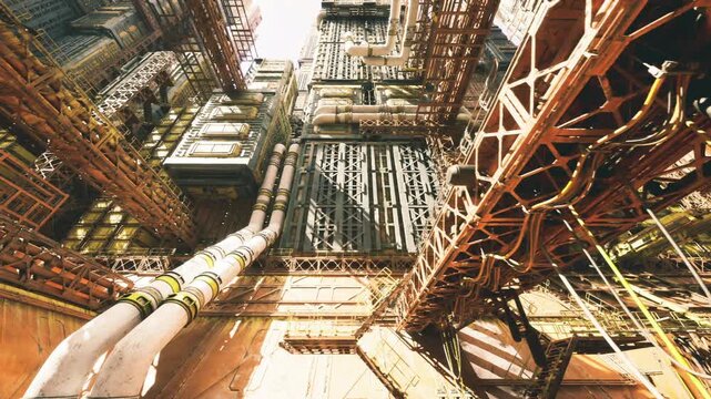 upward view steel bridge canopy with sunlight and deep shadows, rusted girders and riveted beams create dramatic geometric composition, urban infrastructure