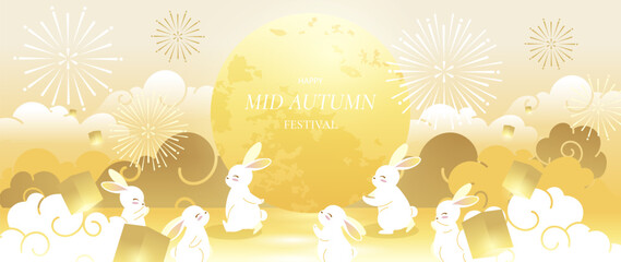 Naklejka na ściany i meble Mid Autumn Festival vector background wallpaper with seven jade rabbits carrying lanterns beneath glowing full moon, fireworks, clouds and golden mountain landscape