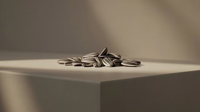 A small pile of raw striped sunflower seeds sitting on a neutral beige surface