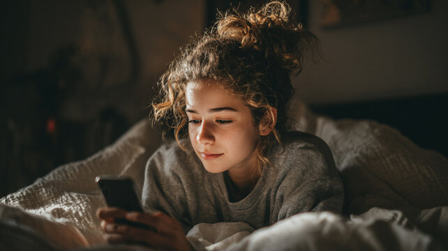young person checking phone in bed, soft natural lighting