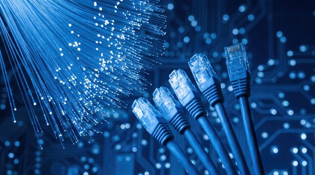 Glowing ethernet cables transmitting data in dark server room