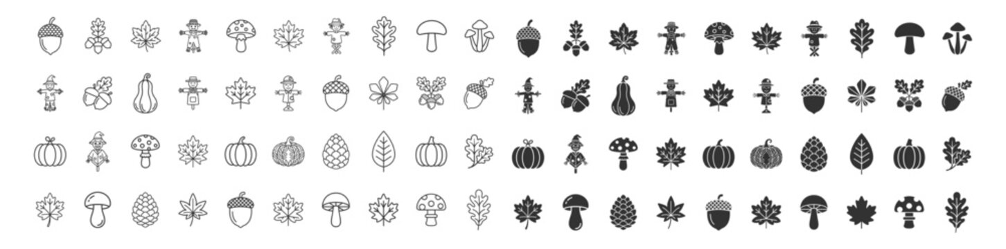 set of autumn icons including acorns leaves mushrooms pumpkins scarecrows and pine cones vector illustration on transparent background