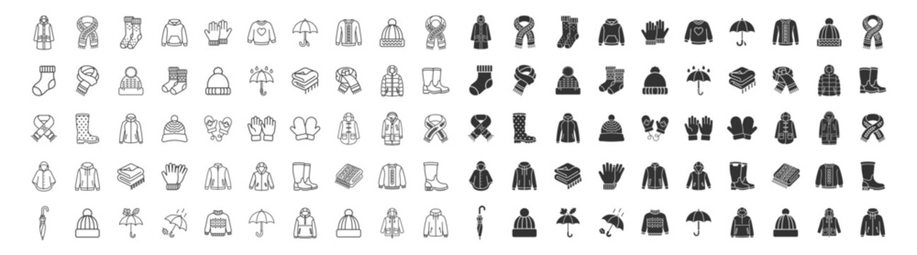 winter clothing and accessories icons set including coat scarf socks hoodie gloves sweater umbrella beanie boots mittens and towels vector illustration on transparent background