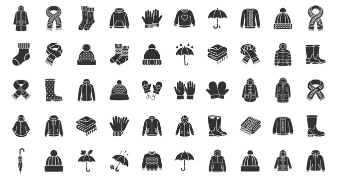 winter clothing and accessories icons set, including coats, scarves, hats, socks, gloves, boots, umbrellas, and sweaters on transparent background