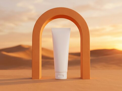 White cosmetic tube product mockup standing under an orange arch in a desert landscape during a warm golden sunset