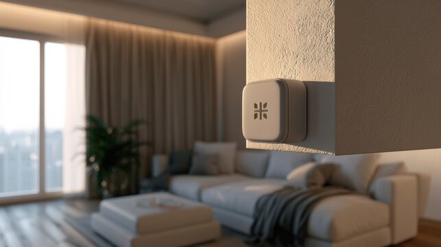 Modern living room with large windows, a white sofa, ottoman, and a wall-mounted smart thermostat.