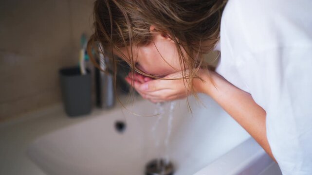 Authentic Gen Z teenage girl following a healthy morning bathroom routine at home. Personal hygiene, wellness, self care, confidence and modern youth lifestyle.