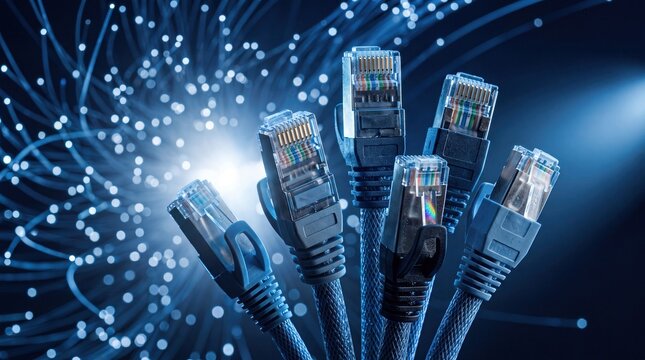 Multiple ethernet connectors glowing with high speed data