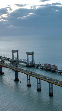 Vertical Aerial View of Pamban Bridge Rameswaram Tamil Nadu India