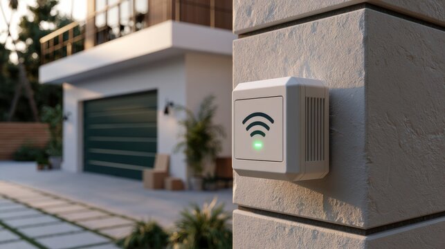 Smart home device mounted on an exterior wall near a modern house with a garage and greenery.