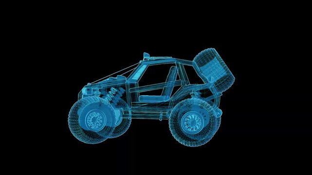 Futuristic 360&deg; rotating HUD wireframe vehicle animation with glowing X-ray blueprint style. High-tech digital interface, seamless loop, perfect for AI, automotive, engineering, defense, and sci-fi pr