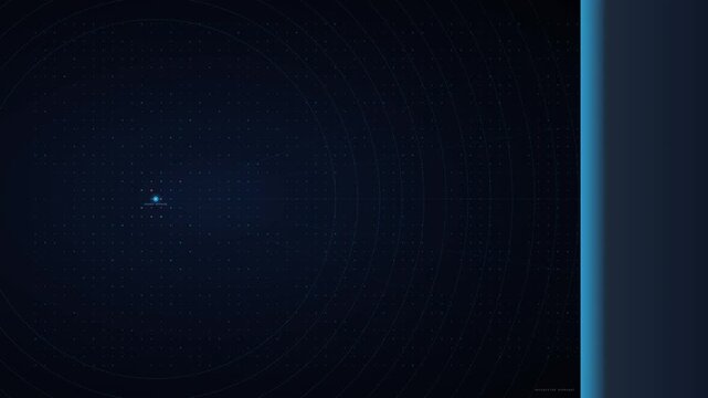Abstract Digital Animation Of Blue Concentric Circles And Dots Expanding On A Dark Background With A Glowing Blue Vertical Bar