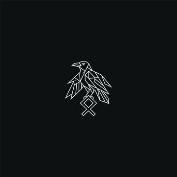 Geometric Viking Raven Line Art on Black Background