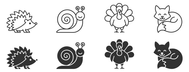 set of animal icons including hedgehog snail turkey and fox line and solid style on transparent background © gerik_a