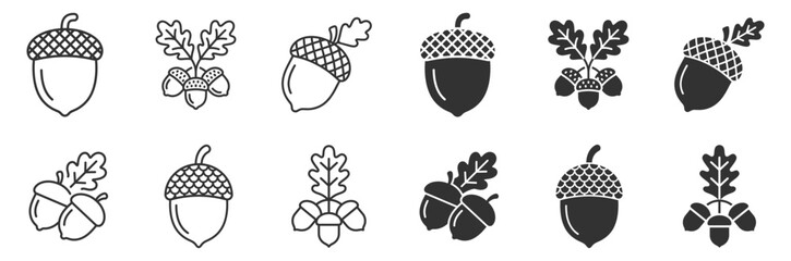 acorn vector icons set in black and white for nature and forest design on transparent background © gerik_a