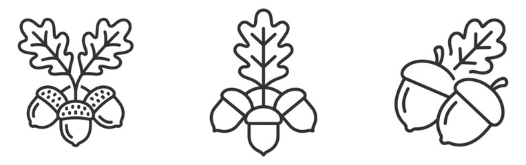set of three black line art oak acorns with leaves vector illustration on transparent background © gerik_a