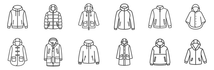 set of various winter jackets and coats line icons outerwear clothing designs on transparent background © gerik_a