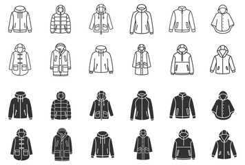 Hoodies and jackets line icons set illustration of outerwear with various styles and features on transparent background © gerik_a