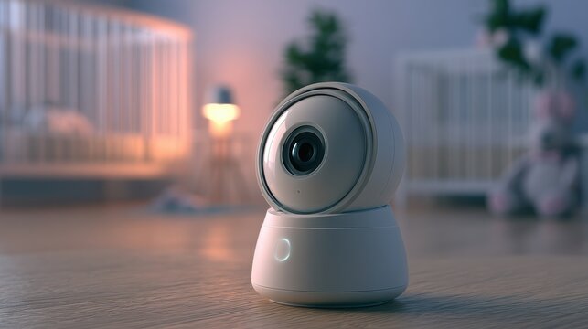 A white security camera placed on a wooden surface in a softly lit nursery with two cribs and plush toys in the background.