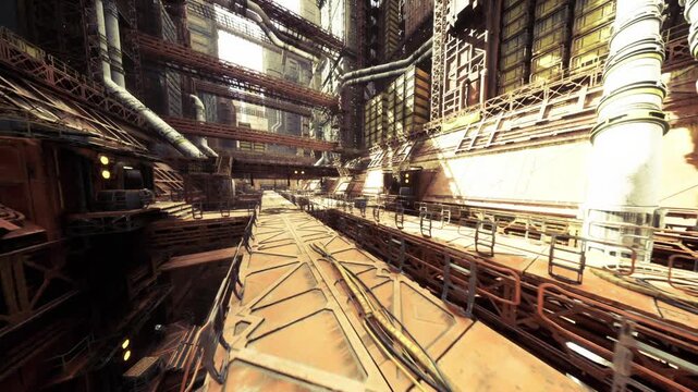 Soaring industrial cathedral with intricate metalwork and high vaults, layered mezzanines and dramatic beams, ornate structural details juxtaposed with heavy