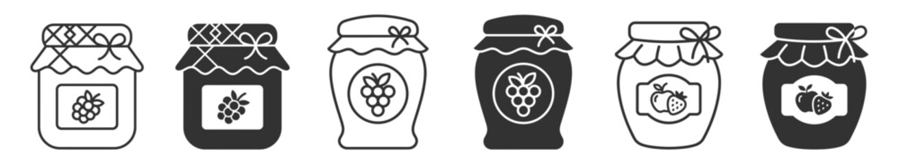 set of six grape and berry jam jars icons line solid style on transparent background © gerik_a