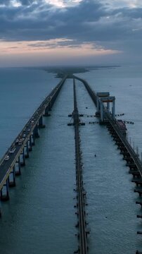 Vertical Aerial View of Pamban Bridge Rameswaram Tamil Nadu India